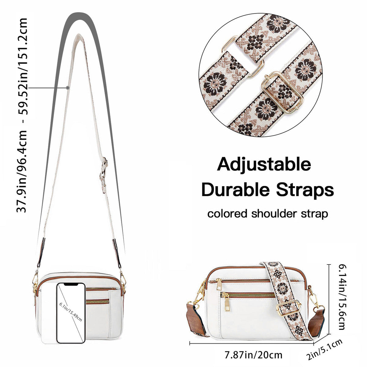Women's Triple-Zipper Crossbody Bag with Floral Embroidered Strap