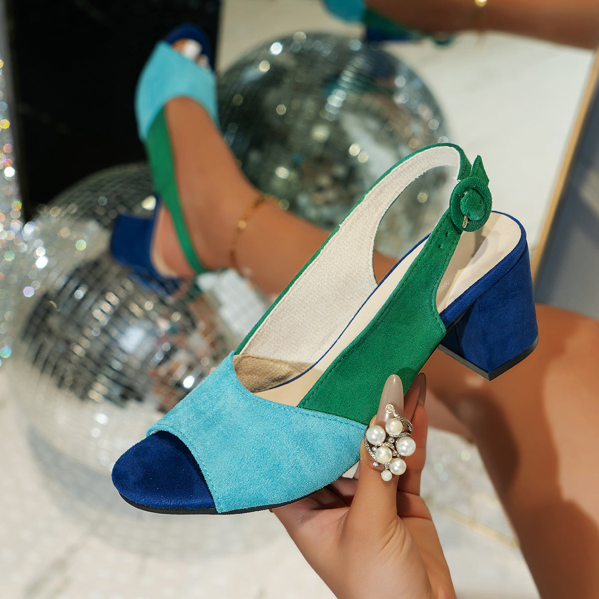 Women's Colorful Block-Heeled Round-Toe Sandals