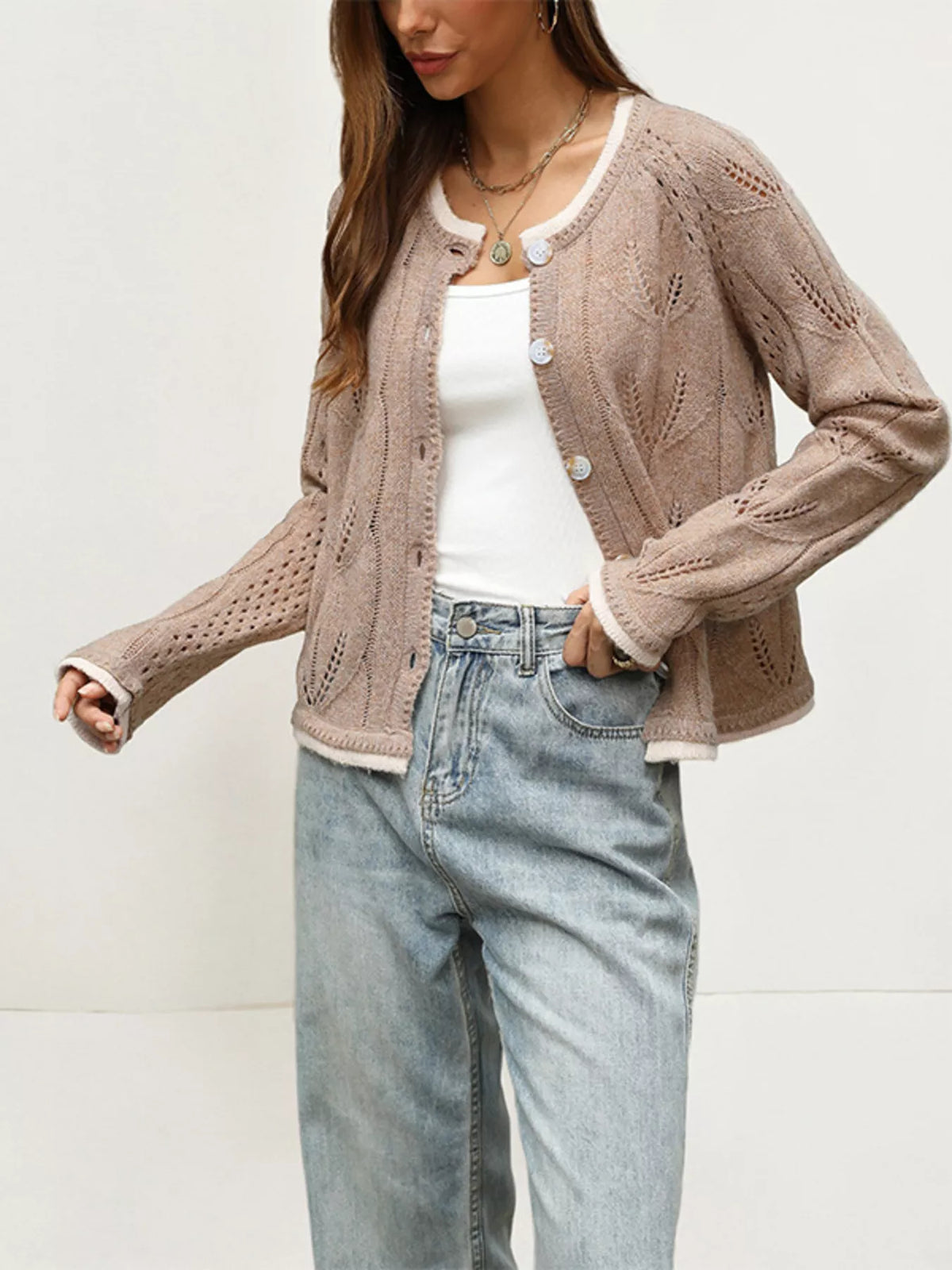 Hollow-Out Knit Button-Down Cardigan