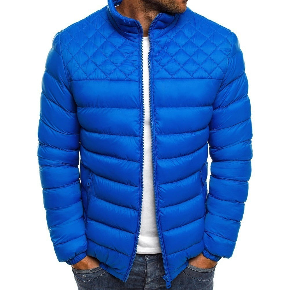 Chaqueta de invierno para hombre, color liso, cuello alto, diseño de costura de rombos, abrigo informal de negocios