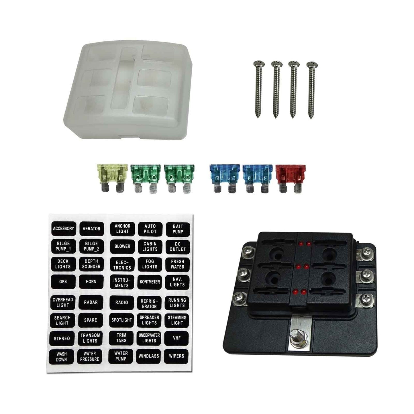 6 Way 12V Circuit Screw Fuse Block - LED Indicators