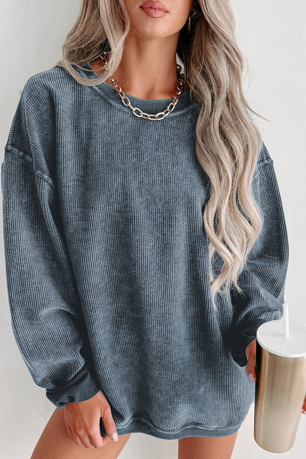 Sudadera Rosa Sólida de Punto Acanalado y Cuello Redondo