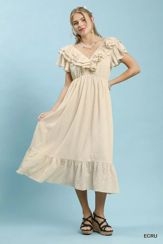 Umgee Textured Ruffle Midi Dress in Ecru