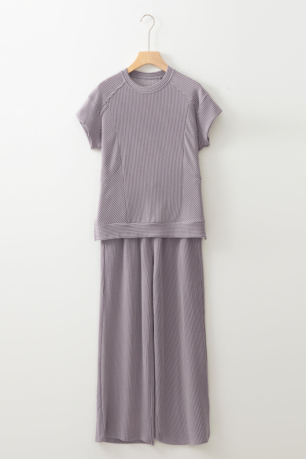 Wild Wind Solid Corded Short Sleeve Shirt and Wide Leg Pants Set