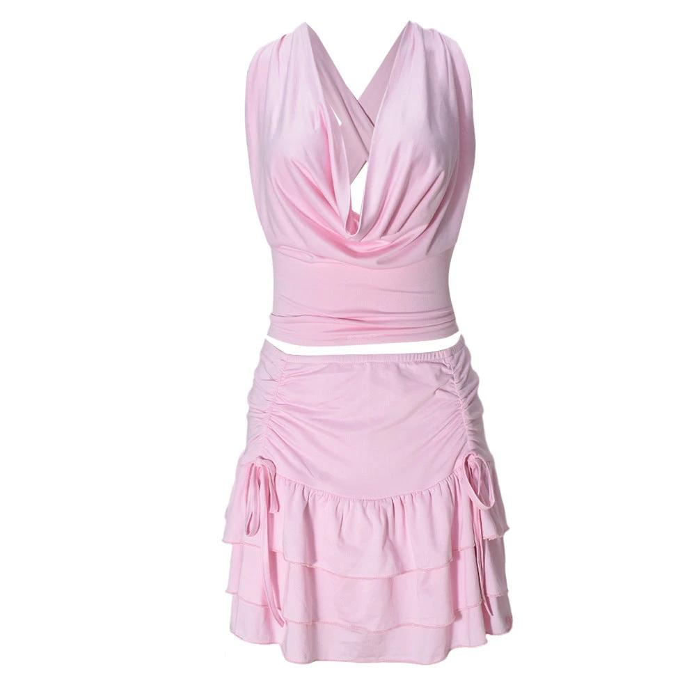 Women's Hollow Out Strap Top Cake Stretch Skirt Two-piece Set