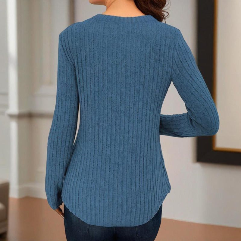Top de punto de manga larga con cuello de pico y botones de color liso para mujer