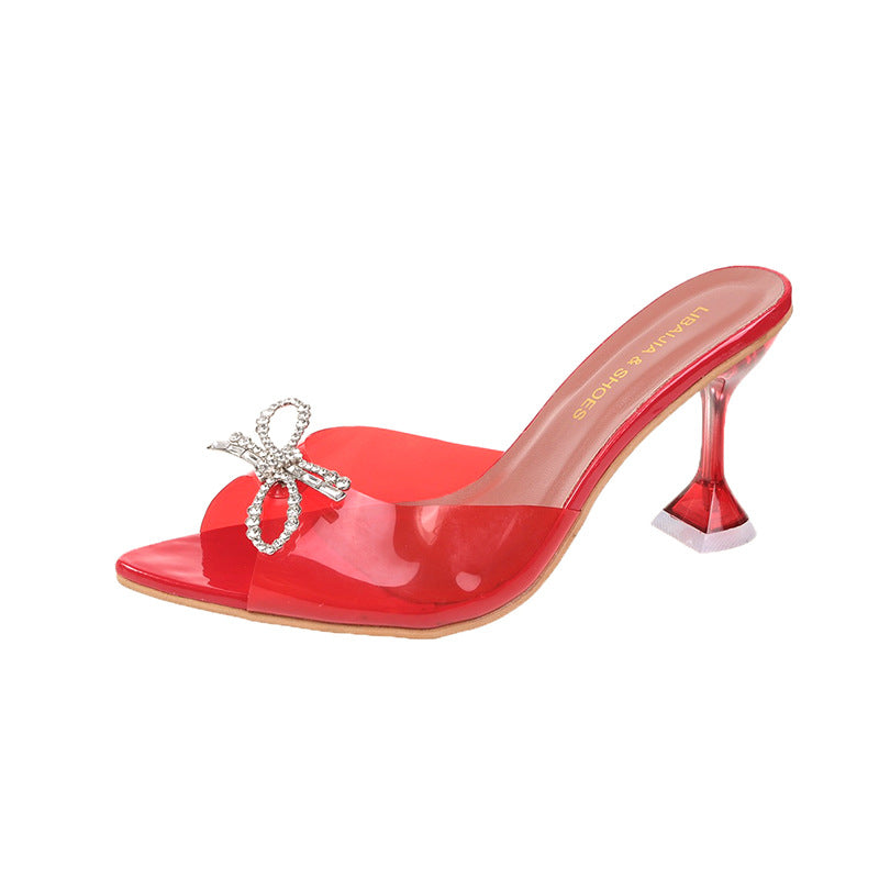 Plus Size Women's High Heels Big Bow Rhinestone Buckle Wedding Shoes Crystal Red High Heel Sandals See size chart under “more details”