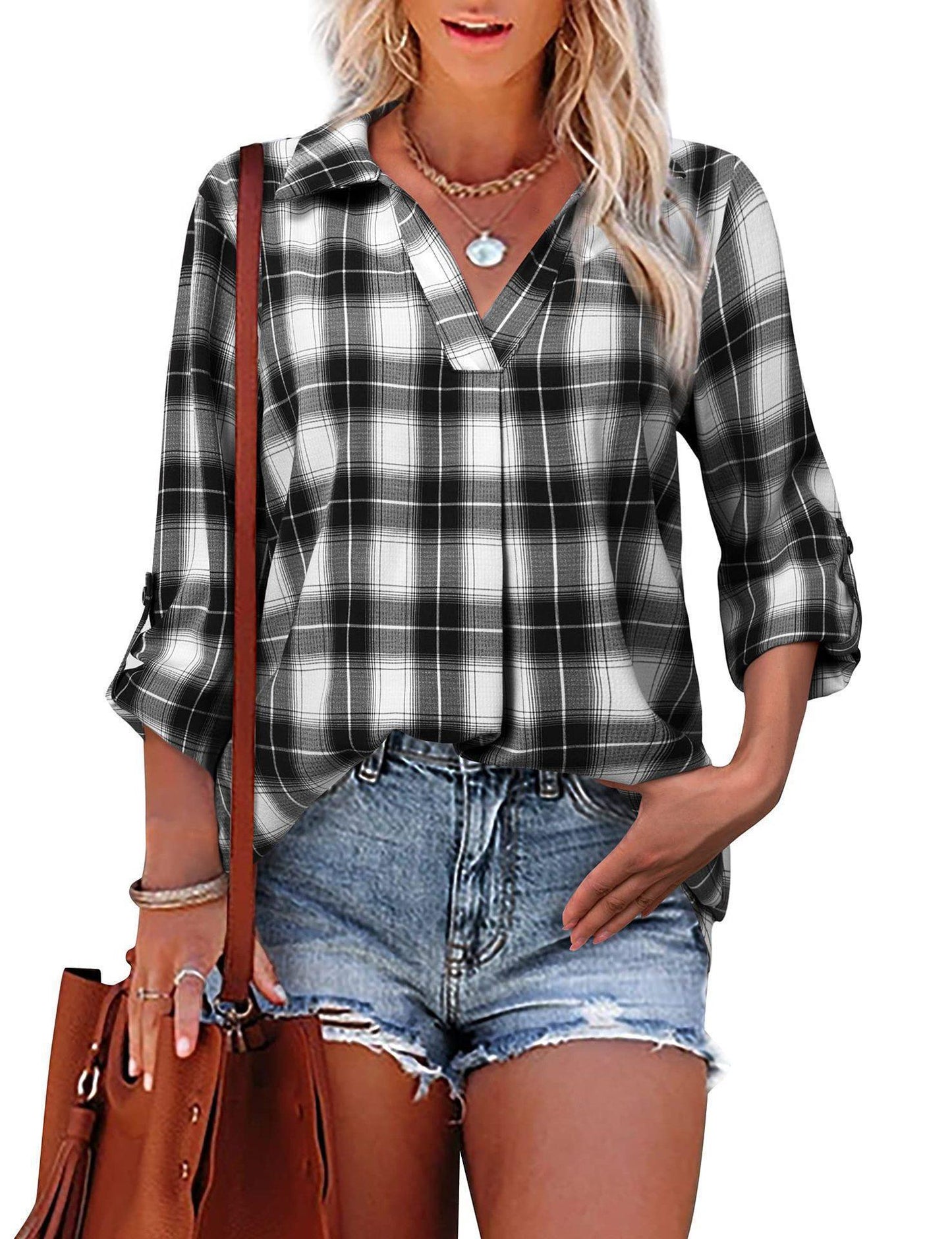 Camisa a cuadros de mujer con solapa suelta estilo casual Ver tabla de tallas en "más detalles"