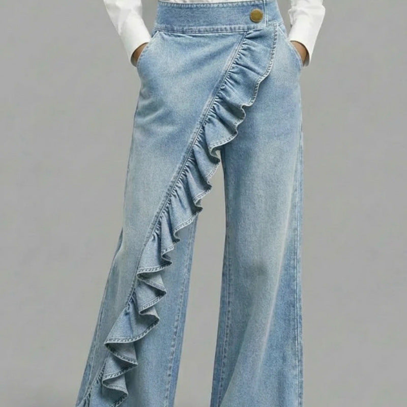 Women's Vintage Irregular Mid-Waist Slim Denim Jeans – Dark Blue, Light Blue, Black