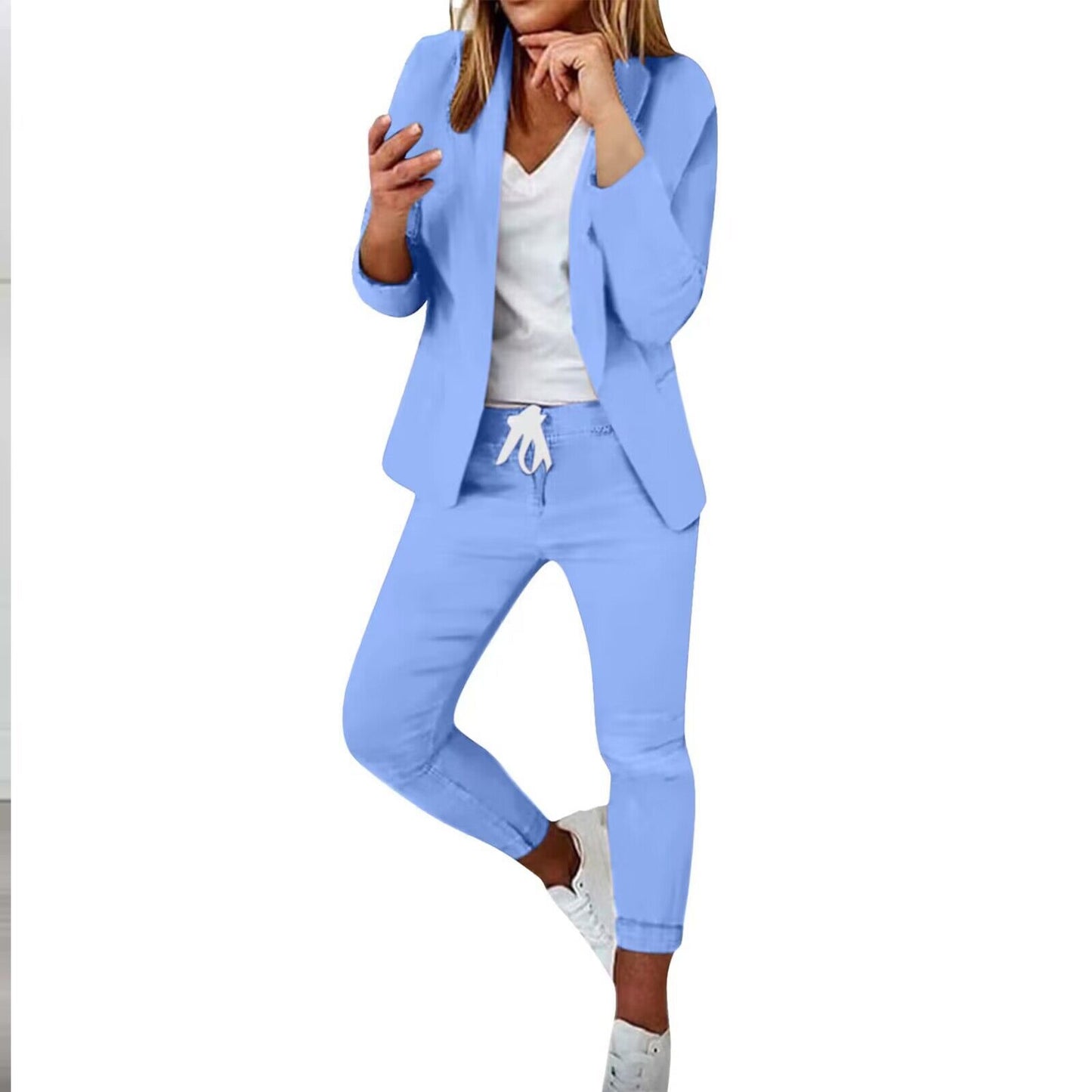 Conjunto de traje de saco con solapa de muesca y pantalón con cordón para mujer