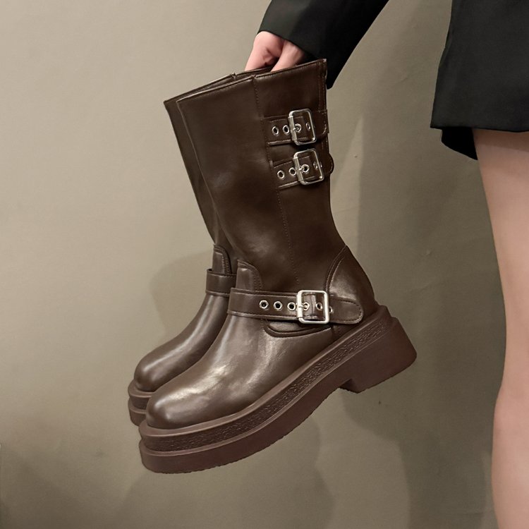 Women Fashion Boots Soft Leather Belt Buckle Flat Heel Western Cowboy Boots Summer New Retro Round Toe Mid Calf Knight Boots For Women