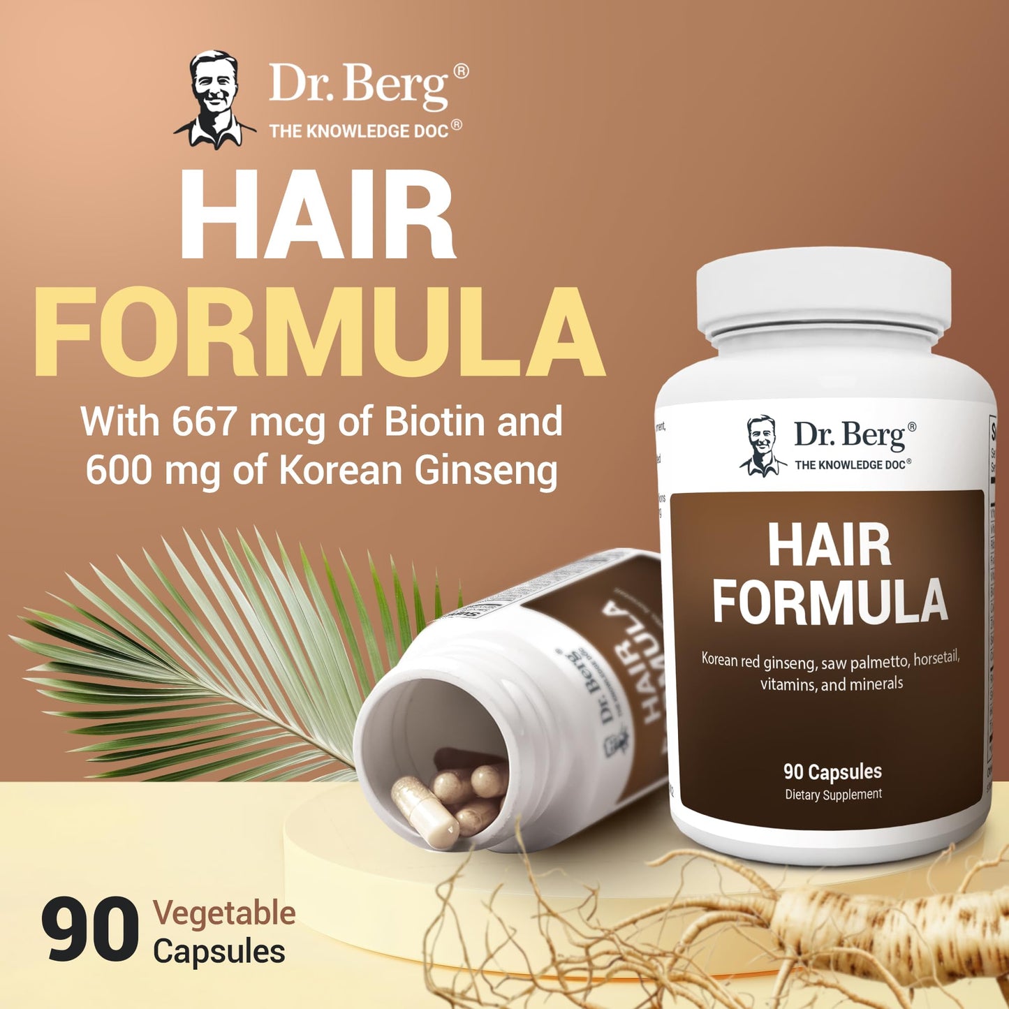 Vitaminas Todo en Uno Dr. Berg para Cabello, Piel y Uñas - Fórmula Avanzada con Biotina, Saw Palmetto, Bloqueador de DHT y Oligoelementos - 90 Cápsulas Vegetales