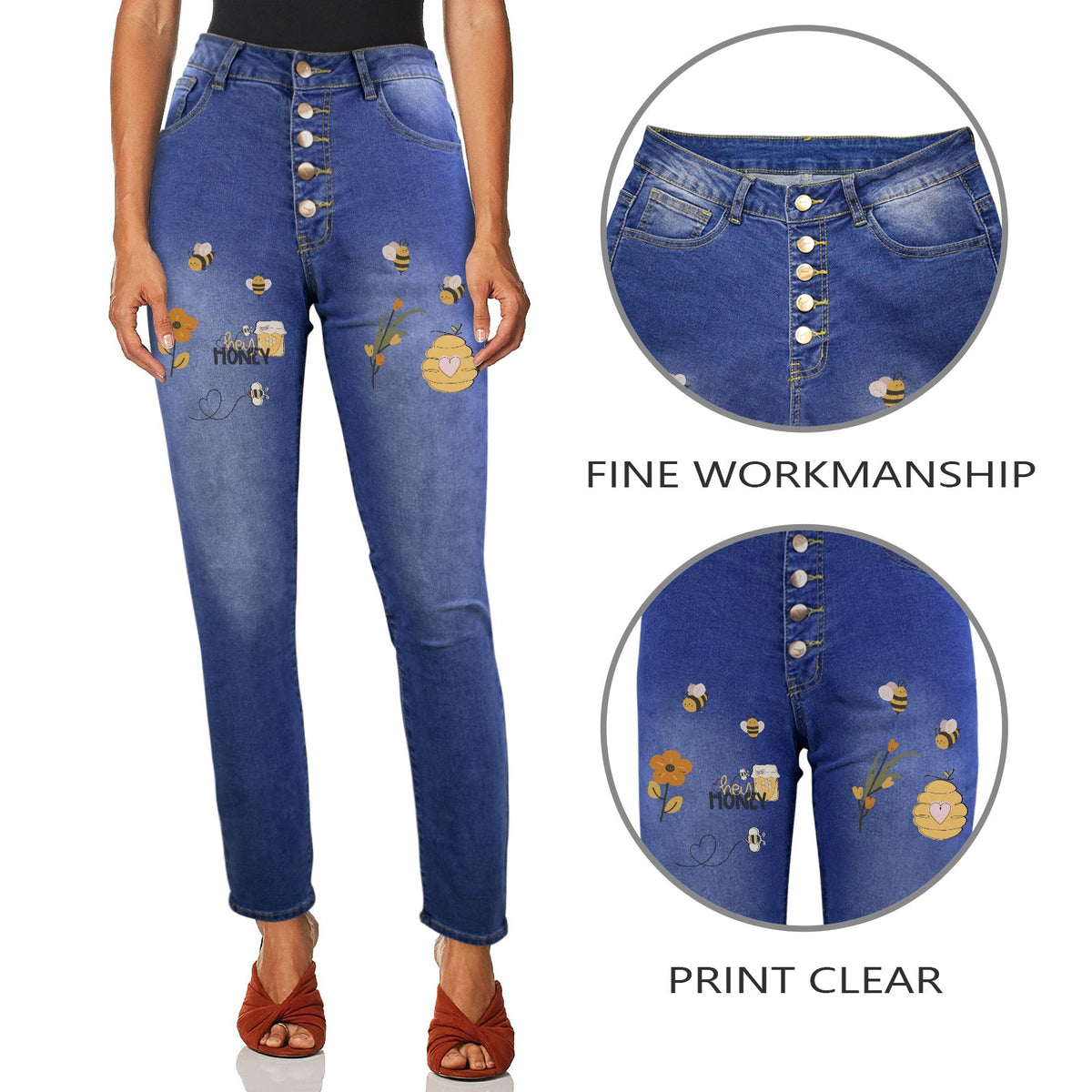 Women's Hello Honey Decorated Design Jeans with Front Printing