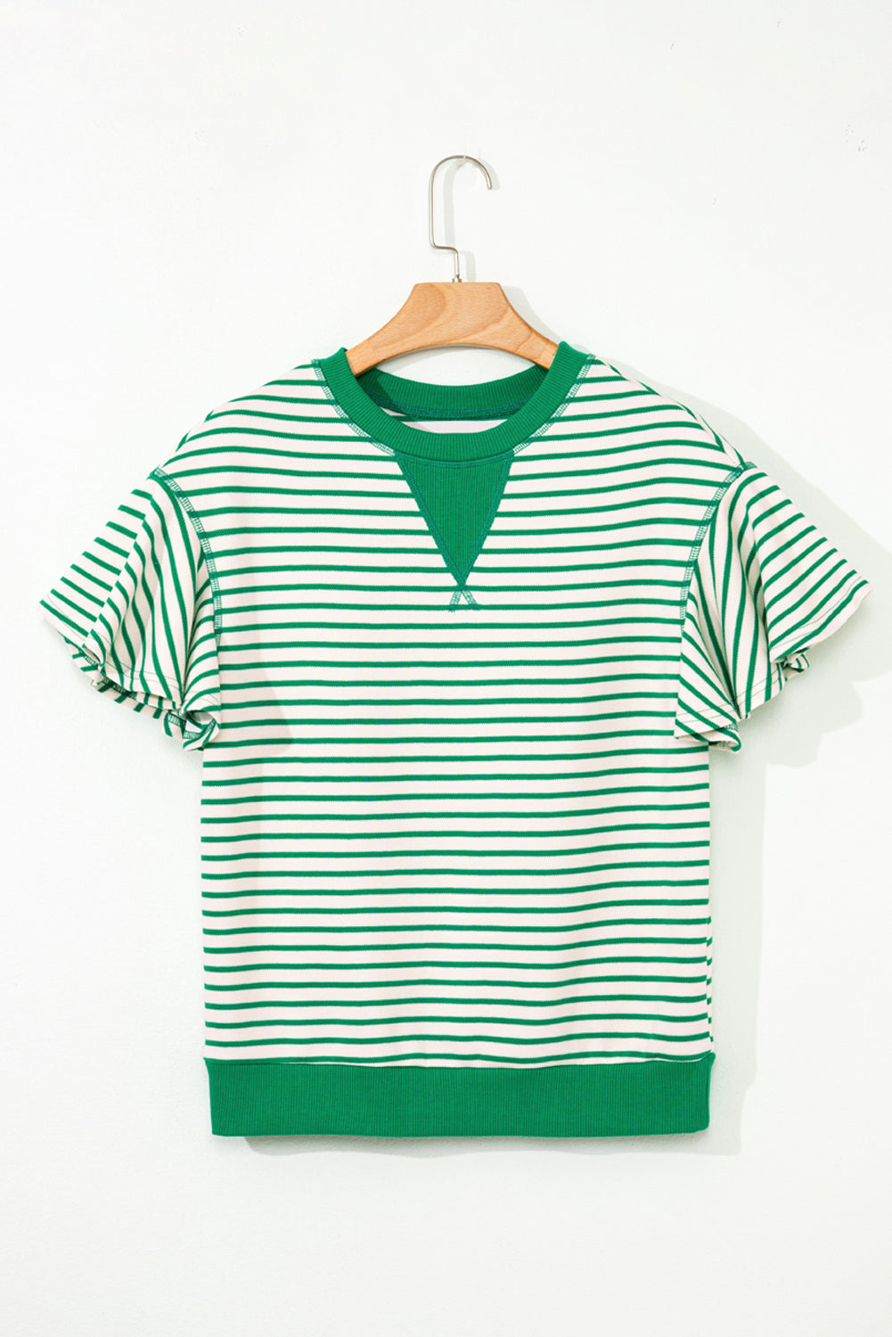 Top de Manga Corta con Volantes y Rayas en Contraste Verde Brillante