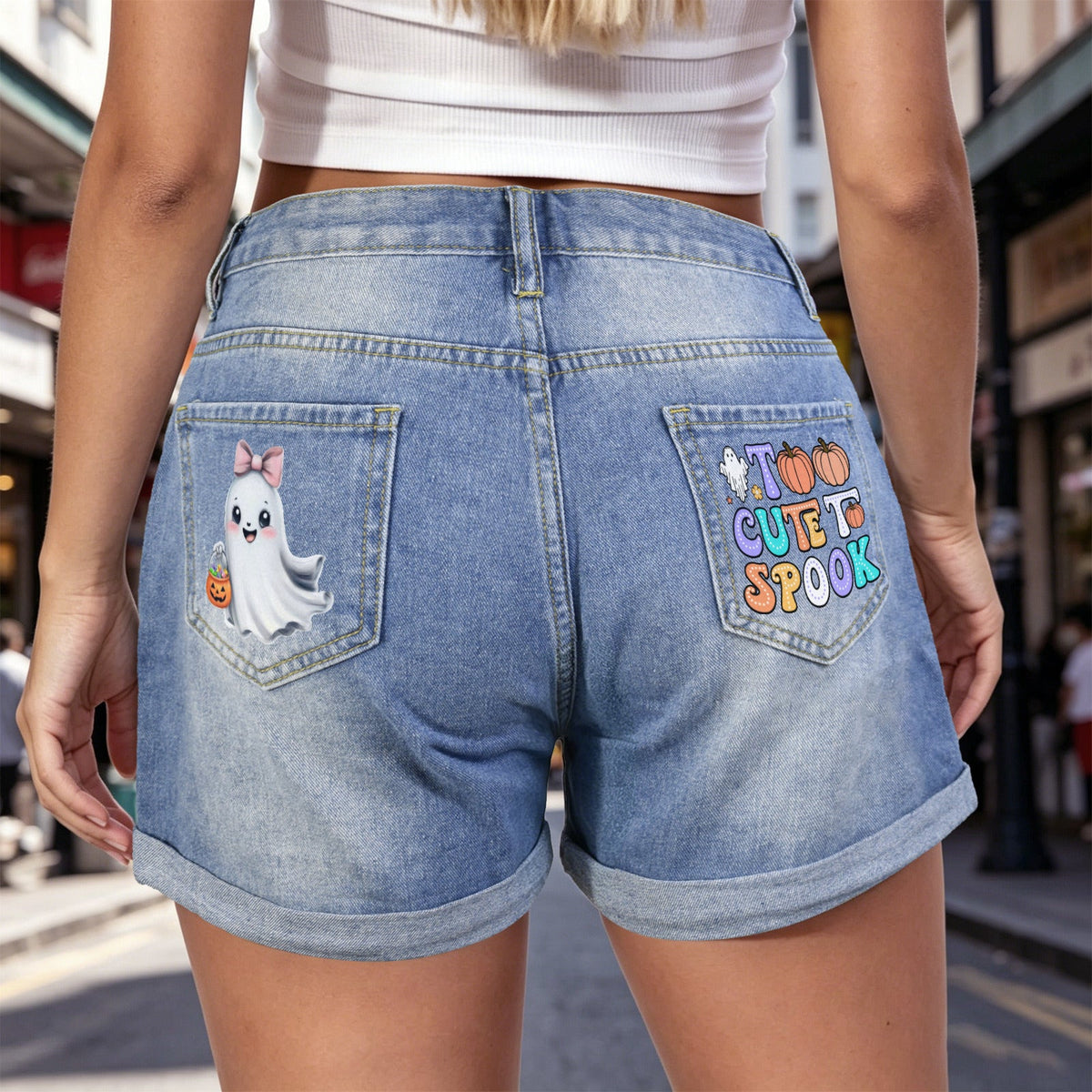 Too Cute to Spook Ghost Light Blue Denim Shorts with Dual Pockets Design