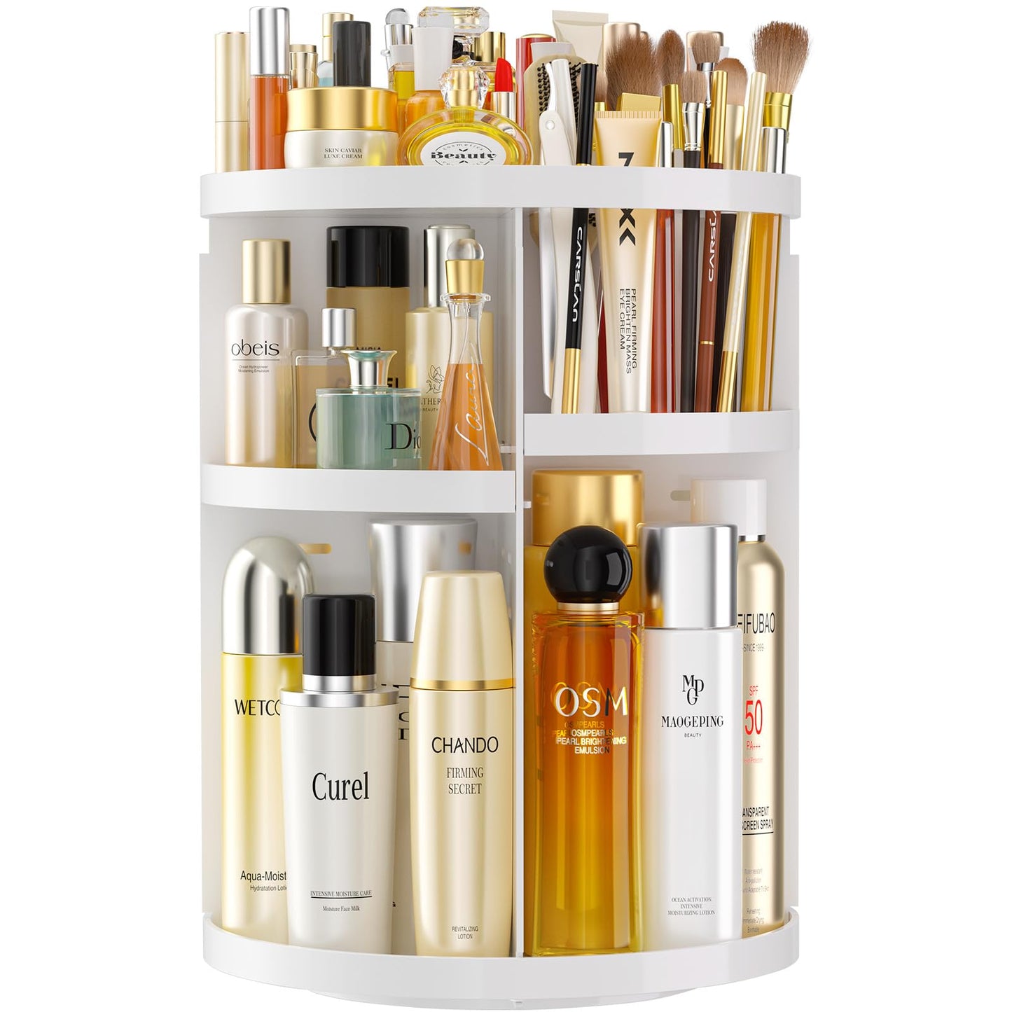 HEMTROY Makeup Organizer 360 rotating Adjustable Skincare Organizers with Brush Holder Cosmetics Display Cases for Vanity Bathroom Countertop Large Capacity Carousel Make up Caddy Shelf (White)