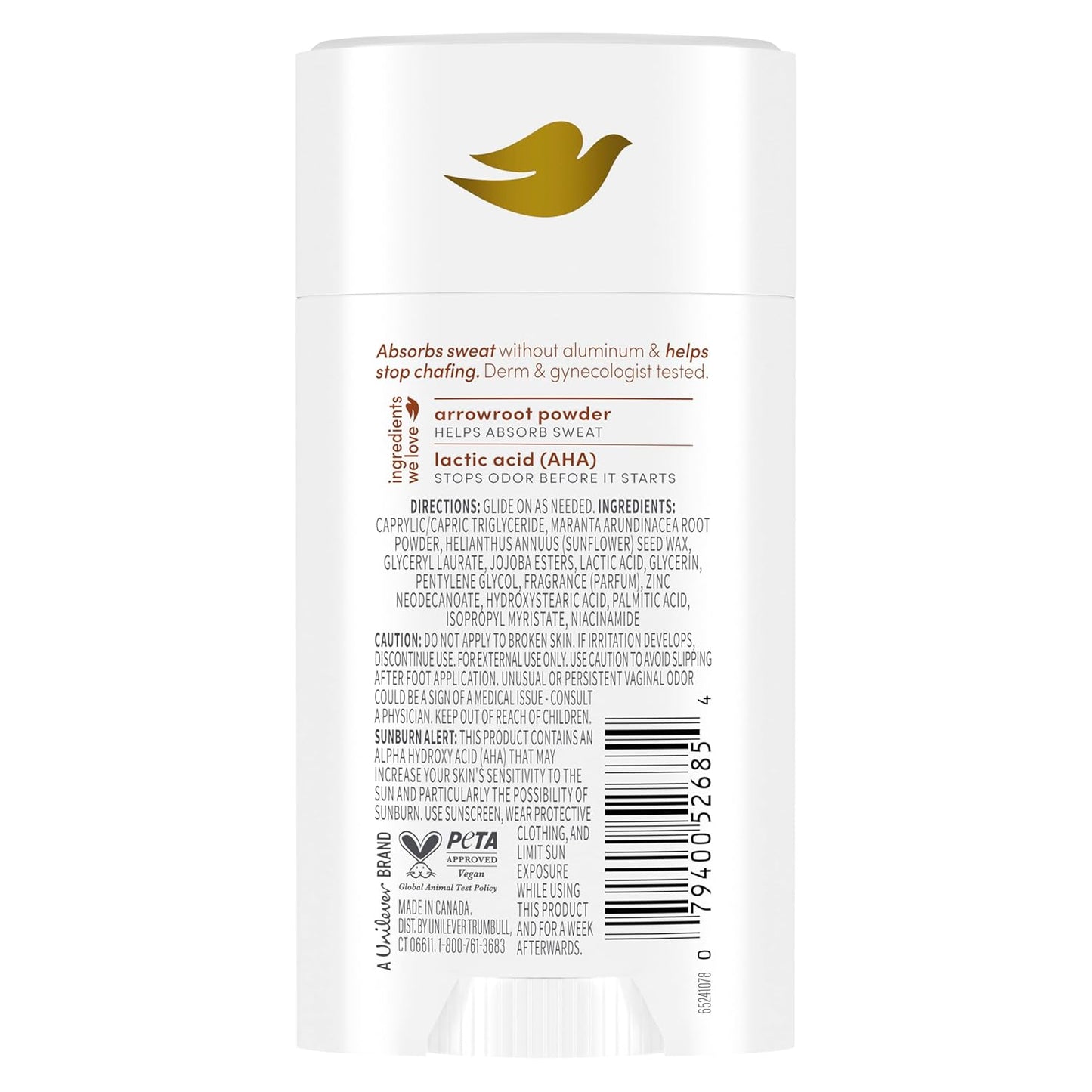 Dove Whole Body Deo Aluminum Free Anti-Chafe Deodorant Stick for Women Coconut Vanilla 2.4 oz