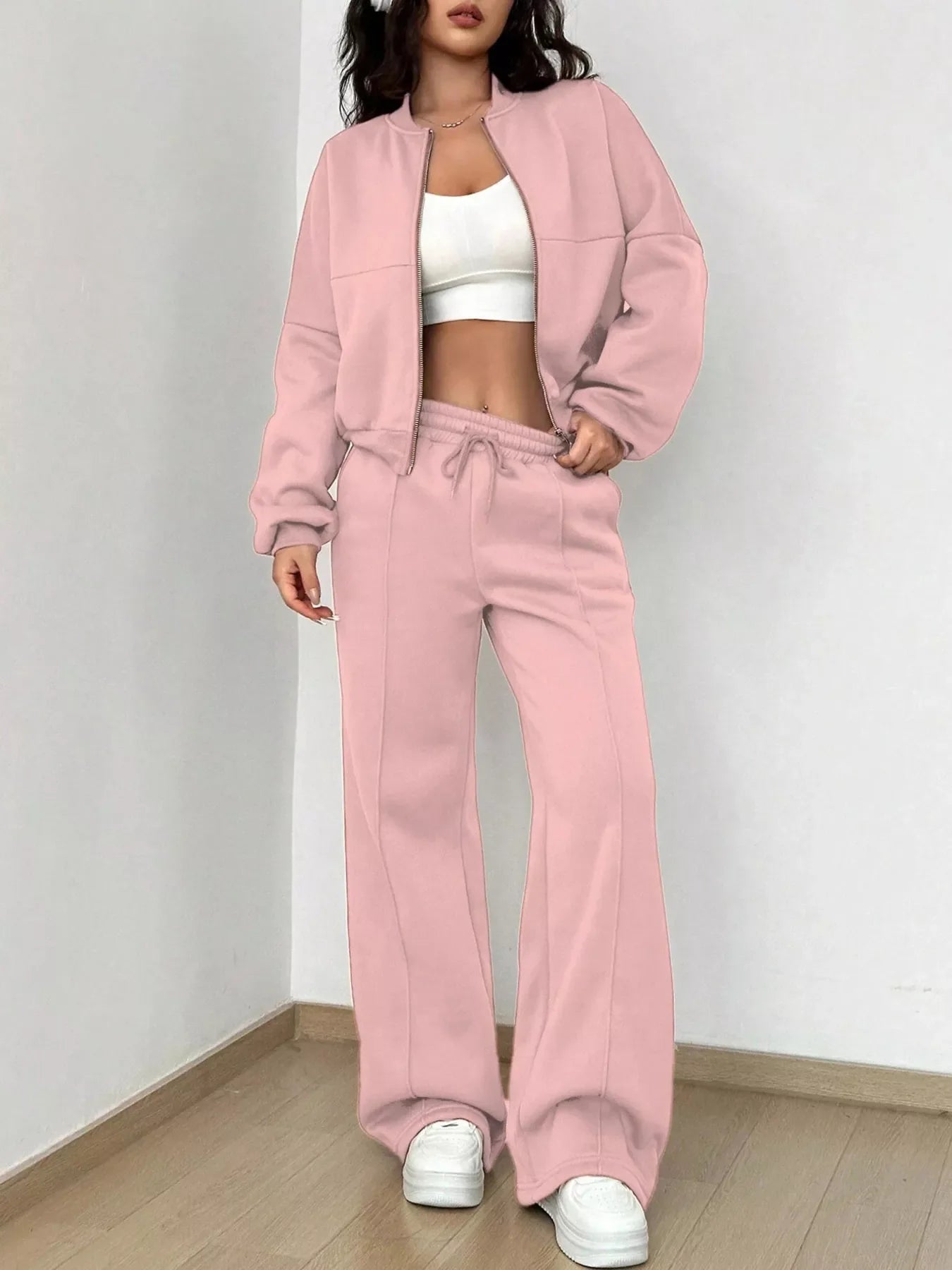 Conjunto de chaqueta con cremallera de color liso informal y pantalones de pernera ancha