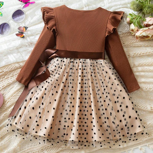 Vestido de Manga Larga de Malla con Puntos para Niña