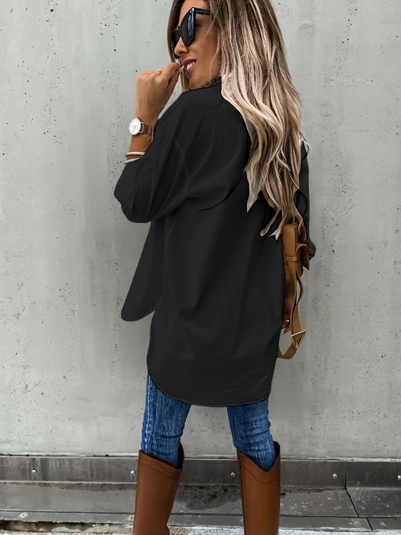 Camisa de manga larga informal para mujer con bolsillo