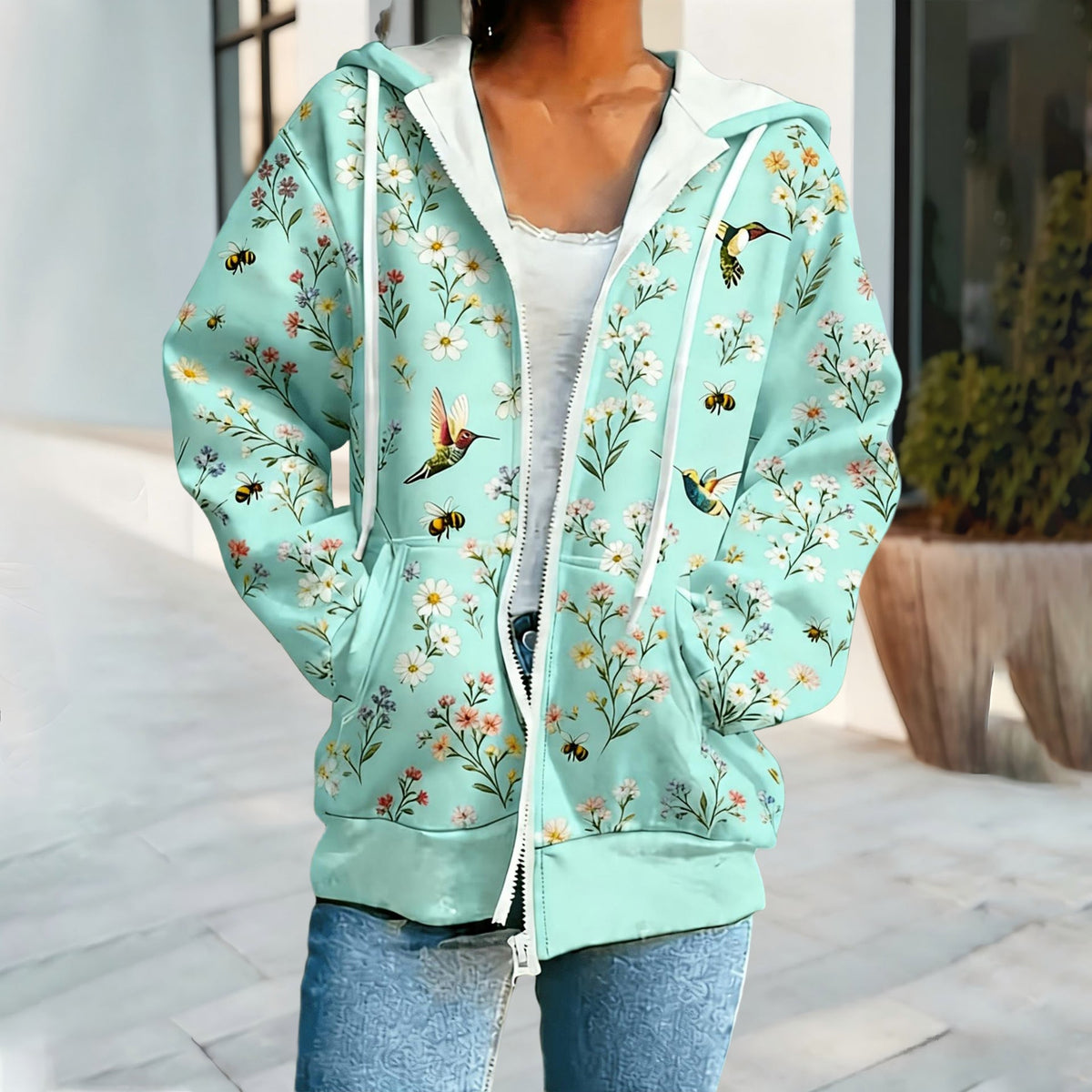 Cross Border European And American Style Women's Hooded Cardigan Casual Sweatshirt With Small Floral Digital Print And Zipper, Foreign Trade Supply For Autumn And Winter