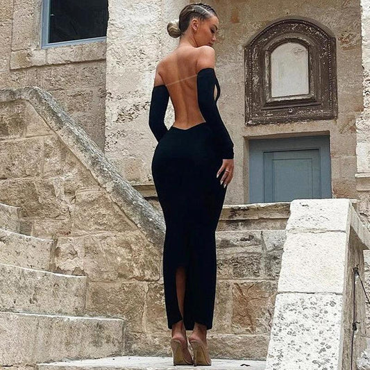 Vestido Tubo Manga Larga Unicolor Sin Espalda