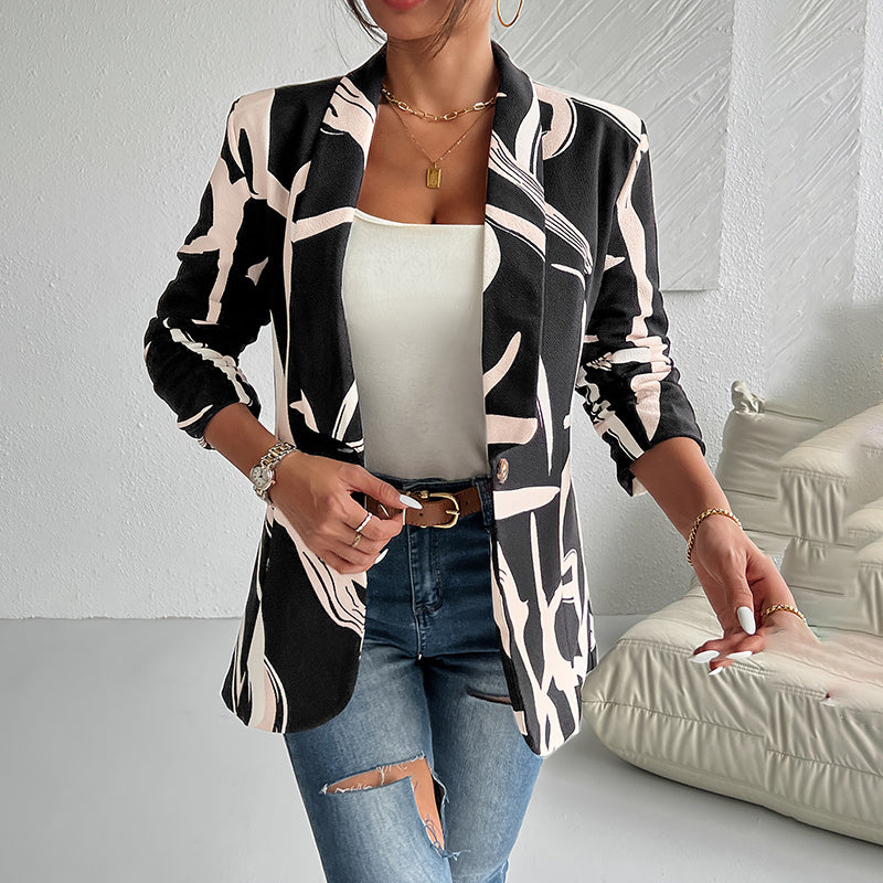 Chaqueta de trabajo para mujer con estampado abstracto, botones y manga larga