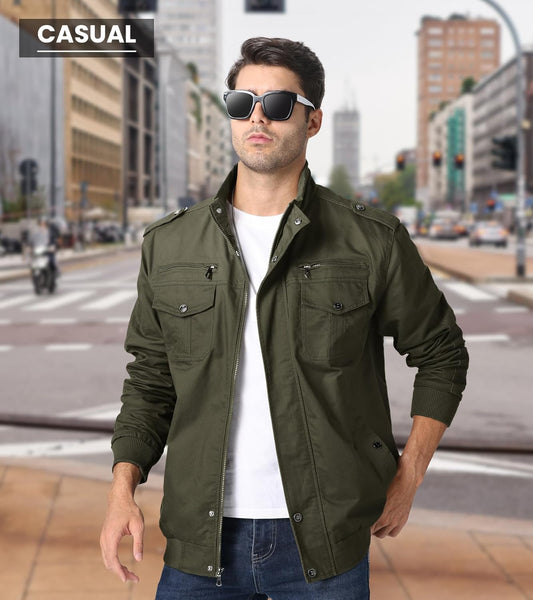 Chaqueta Militar Cortavientos de Algodón Ligera con Múltiples Bolsillos, Cremallera Frontal y Cuello Alto para Hombre 7DAY'S