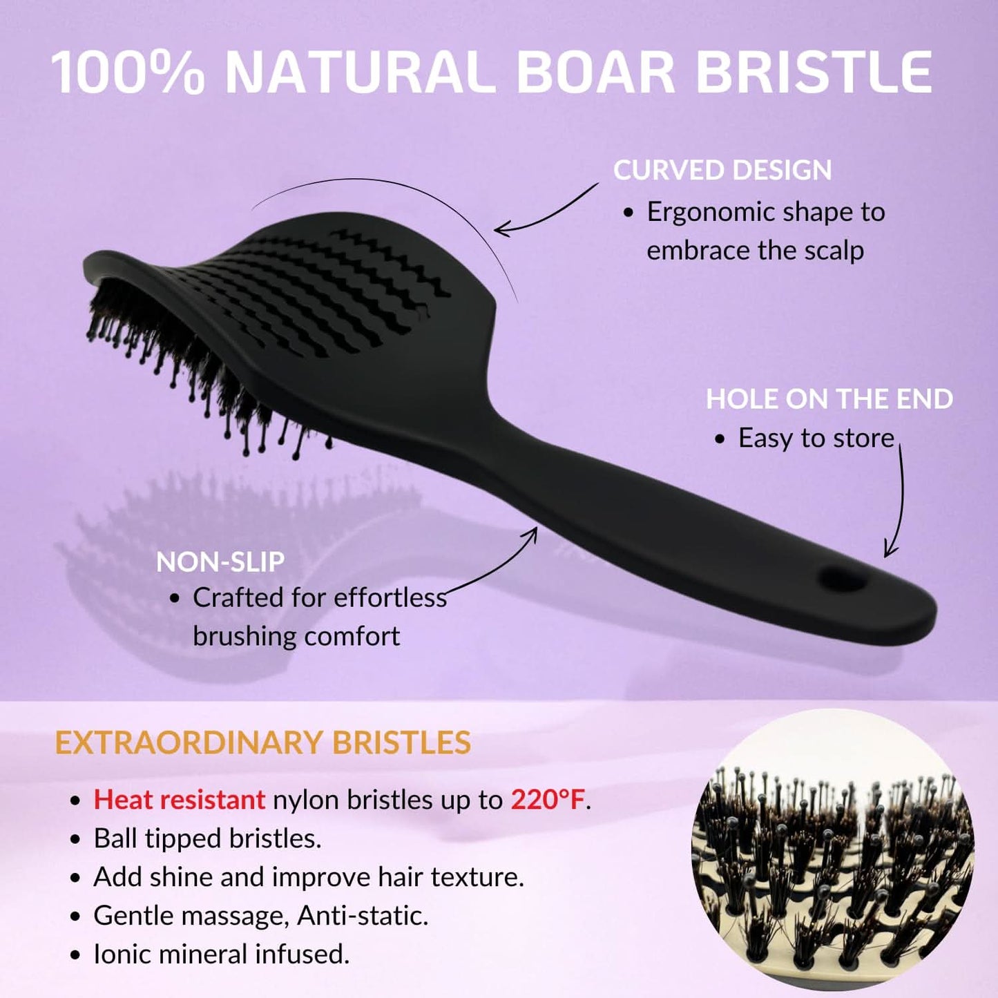 INATEKPRO Curved Vented Boar Bristle Detangler Brush - GREY | LARGE