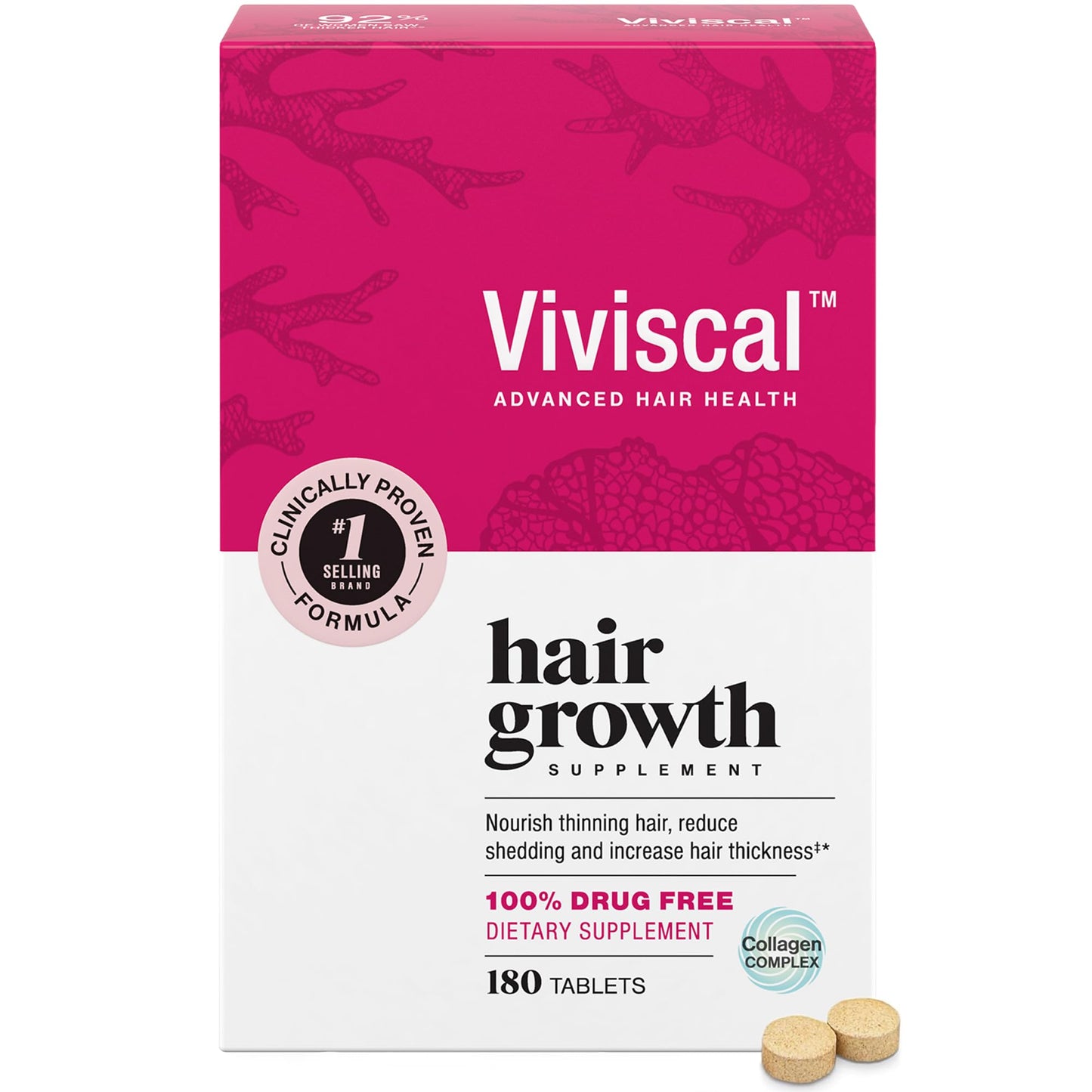 Suplementos Viviscal para el crecimiento del cabello para mujeres, para un cabello más grueso y voluminoso, nutre el cabello fino y con caída, con complejo de colágeno patentado, 180 tabletas, suministro para 3 meses