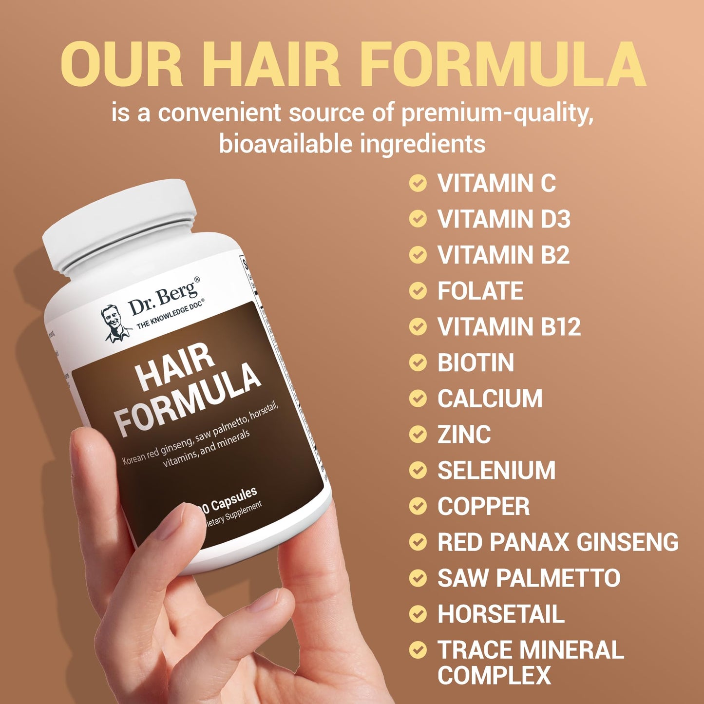 Vitaminas Todo en Uno Dr. Berg para Cabello, Piel y Uñas - Fórmula Avanzada con Biotina, Saw Palmetto, Bloqueador de DHT y Oligoelementos - 90 Cápsulas Vegetales