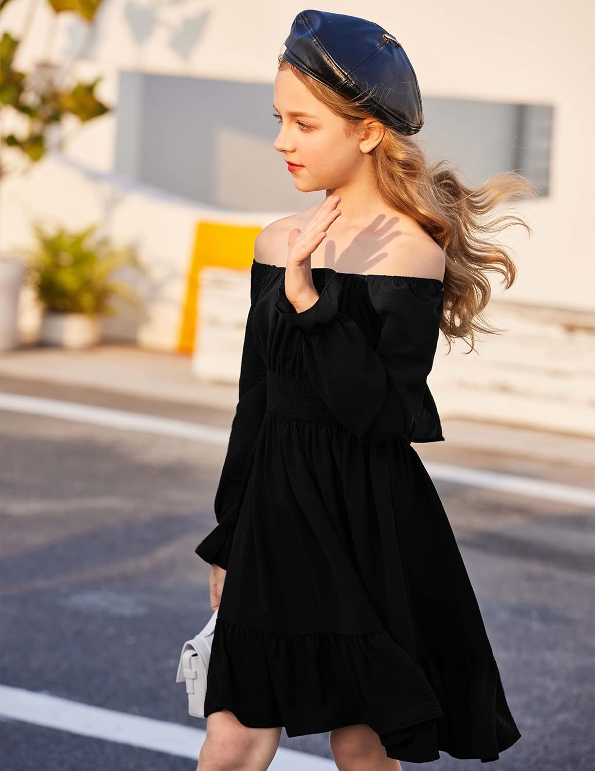 Arshiner Girls Dresses Long Sleeve Tie Back Fall Winter Off Shoulder Dress Kids Clothes