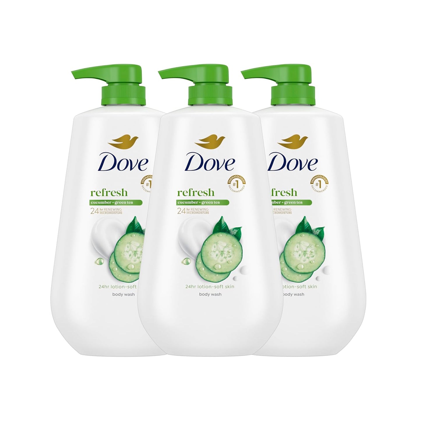 Dove Body Wash with Pump 3 Count Refresh Cucumber and Green Tea for 24hr Lotion-Soft Skin Moisturizing Skin Cleanser with No Sulfates No Parabens