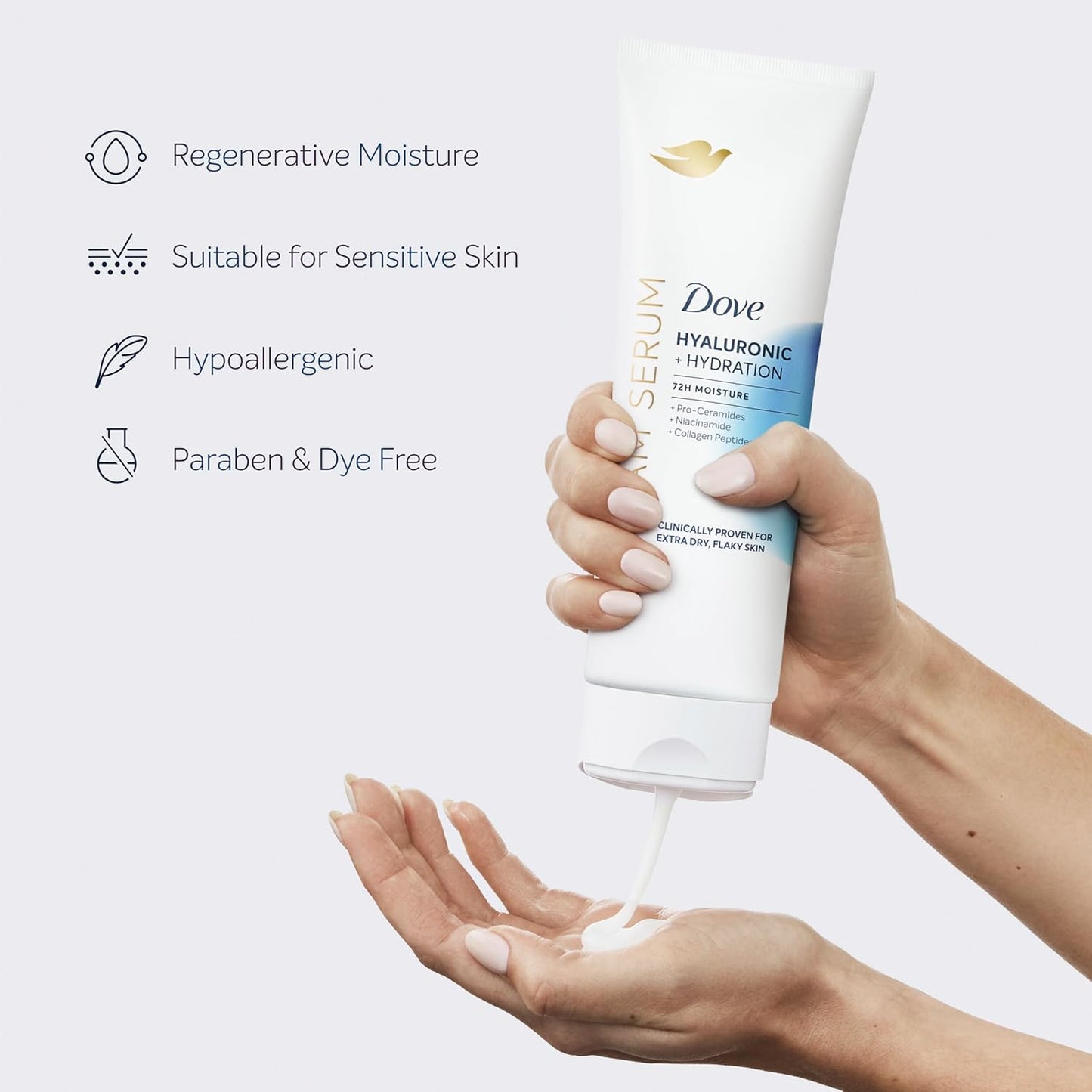 Dove Cream Serum Hyaluronic + Hydration for Extra Dry, Flaky Skin, with Pro-Ceramides, Niacinamide and Collagen Peptides Lotion, 8 oz