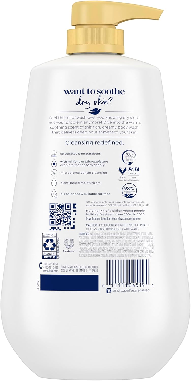 Dove Body Wash with Pump Dryness Relief with Jojoba Oil For 24hr Lotion-Soft Skin Moisturizing Skin Cleanser with No Sulfates No Parabens 30.6 oz