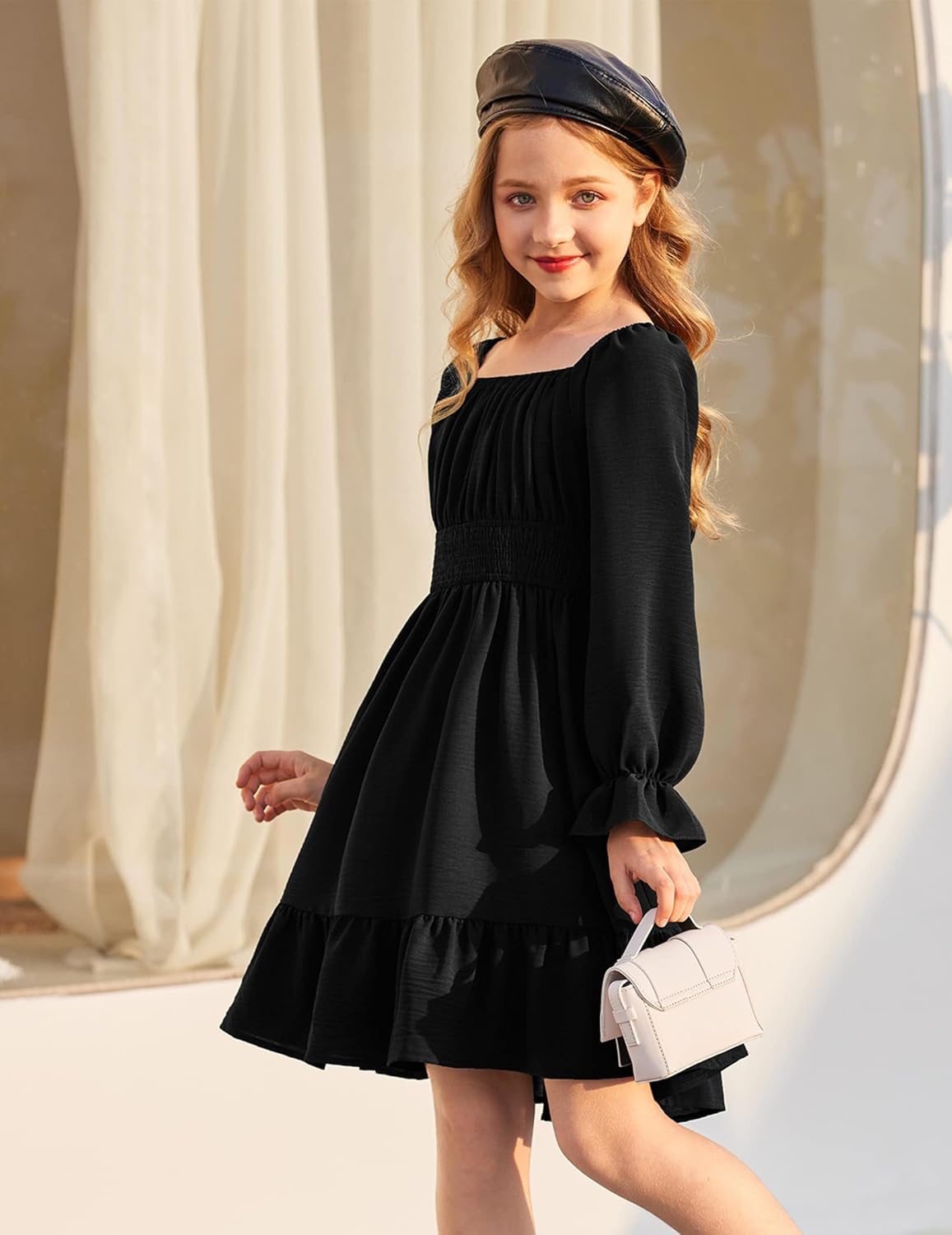 Arshiner Girls Dresses Long Sleeve Tie Back Fall Winter Off Shoulder Dress Kids Clothes