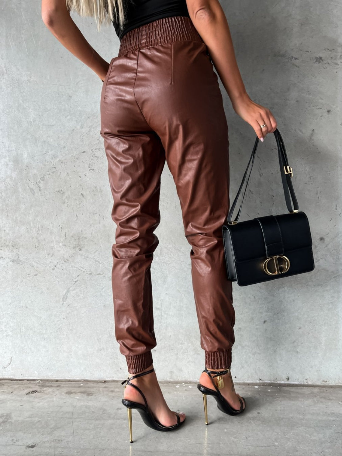 Pantalones de cintura alta con nido de abeja y bolsillos
