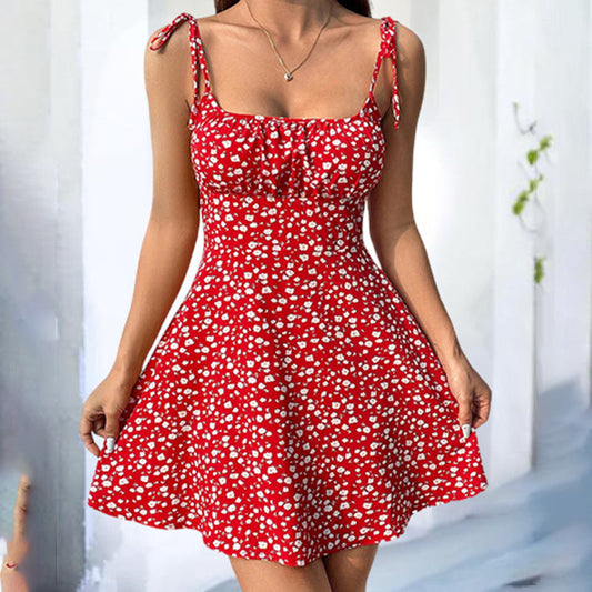 Minivestido floral de tirantes finos con lazo en los hombros y volantes, estilo bohemio de verano