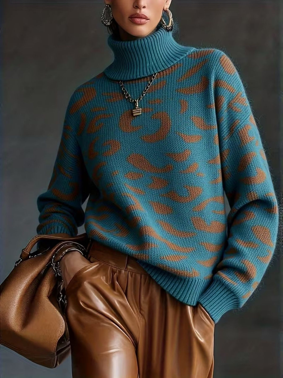 2026 New Women Leopard Print Knitted Sweater, Fall Winter Oversized Loose Turtleneck Pullover, Casual Warm Knit Top