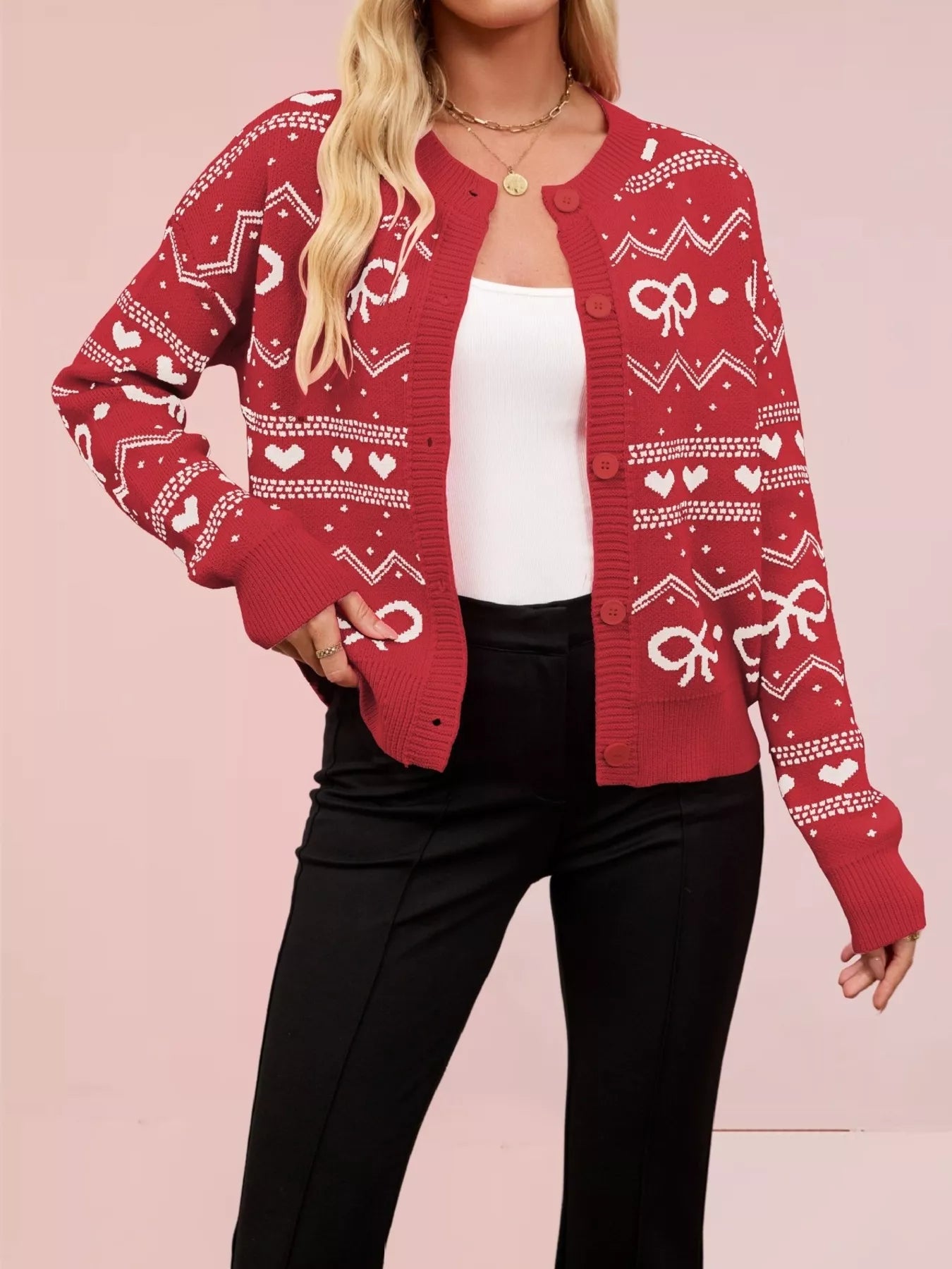 Bow and Heart Pattern Knit Cardigan