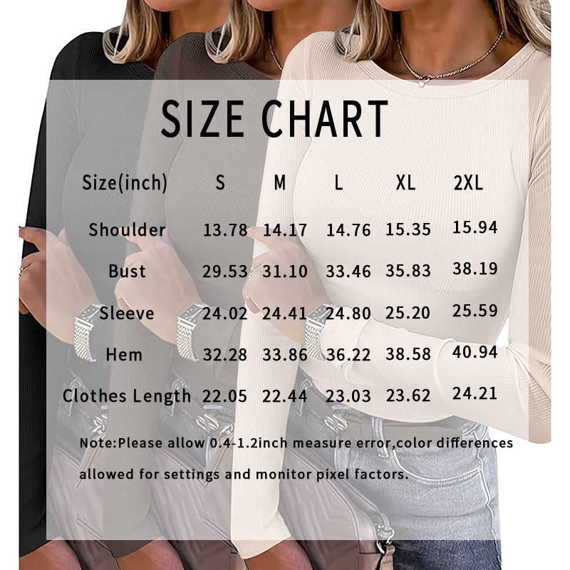 Paquete de 3 camisas de manga larga para mujer - Blusas de cuello redondo acanaladas