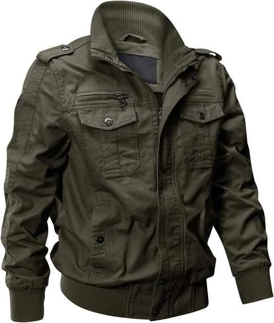 7DAY'S Men's Cotton Lightweight Multi Pockets Zip Front Stand Collar Military Jackets Windbreaker