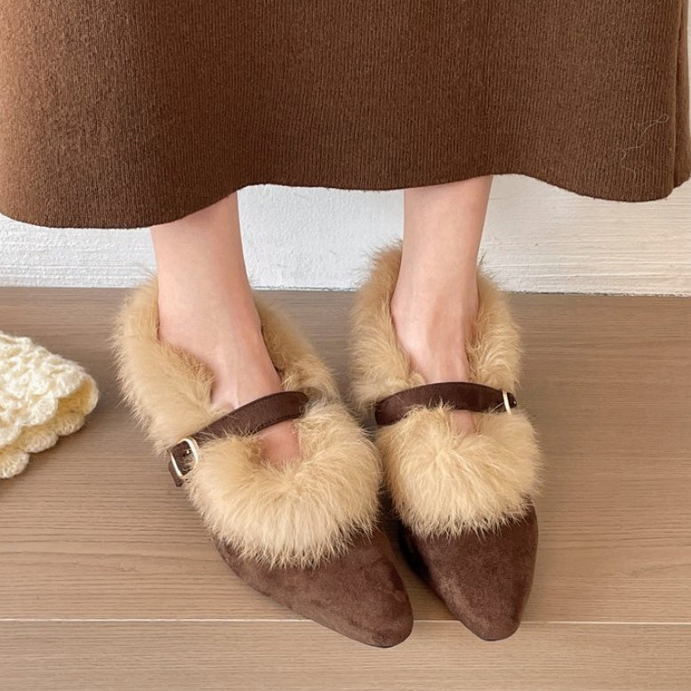 Pointed Toe Furry Shoes Women, Retro Elegant Suede Wedge Flats, One-Strap Buckle Fleece-Lined Mary Jane Shoes