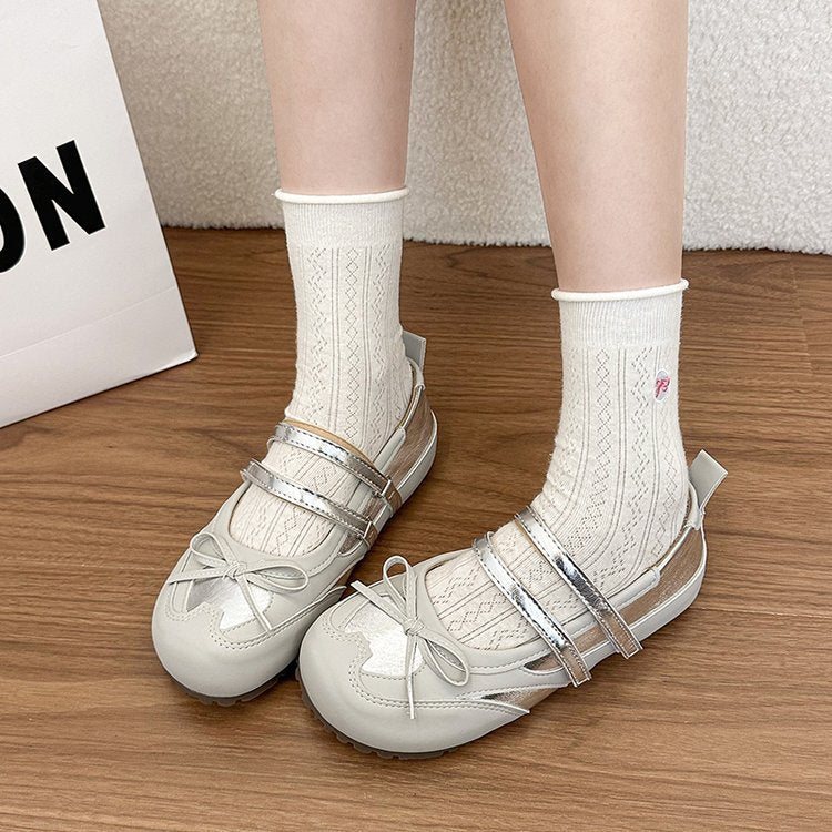 Women Sweet Bow Knot Double Strap Mary Jane Flats, Two Tone Spliced Round Toe Non Slip Casual Flat Shoes