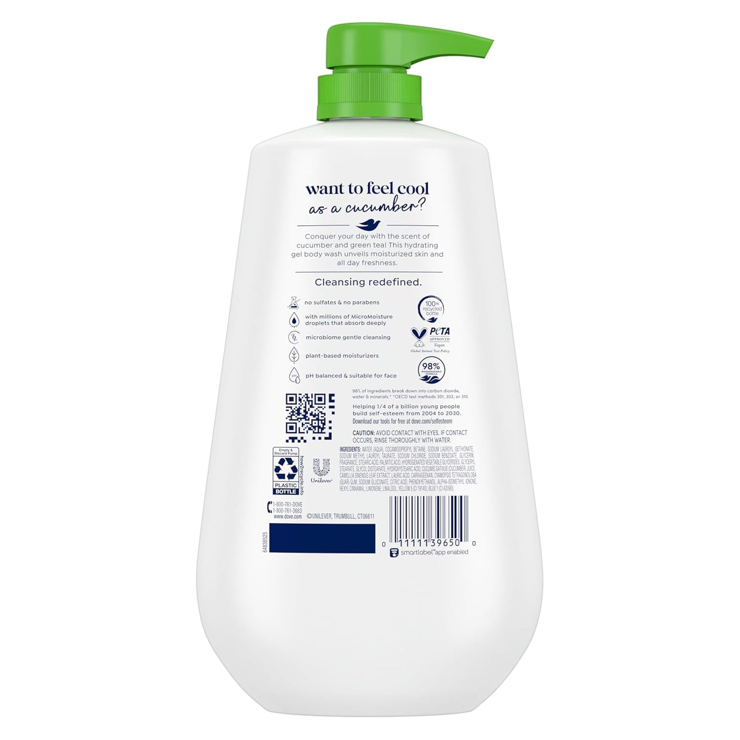 Dove Body Wash with Pump Refresh Cucumber and Green Tea for 24hr Lotion-Soft Skin Moisturizing Skin Cleanser with No Sulfates No Parabens 30.6 oz