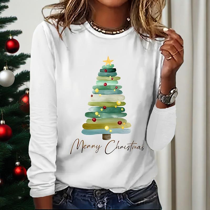 Camiseta de manga larga "Feliz Navidad" para mujer – Camiseta con gráfico de árbol de Navidad adorable