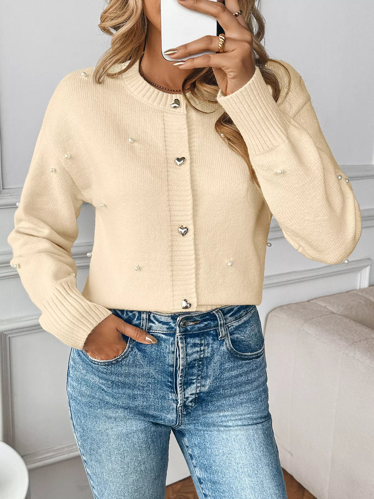 Pearl Embellished Button-Up Cardigan