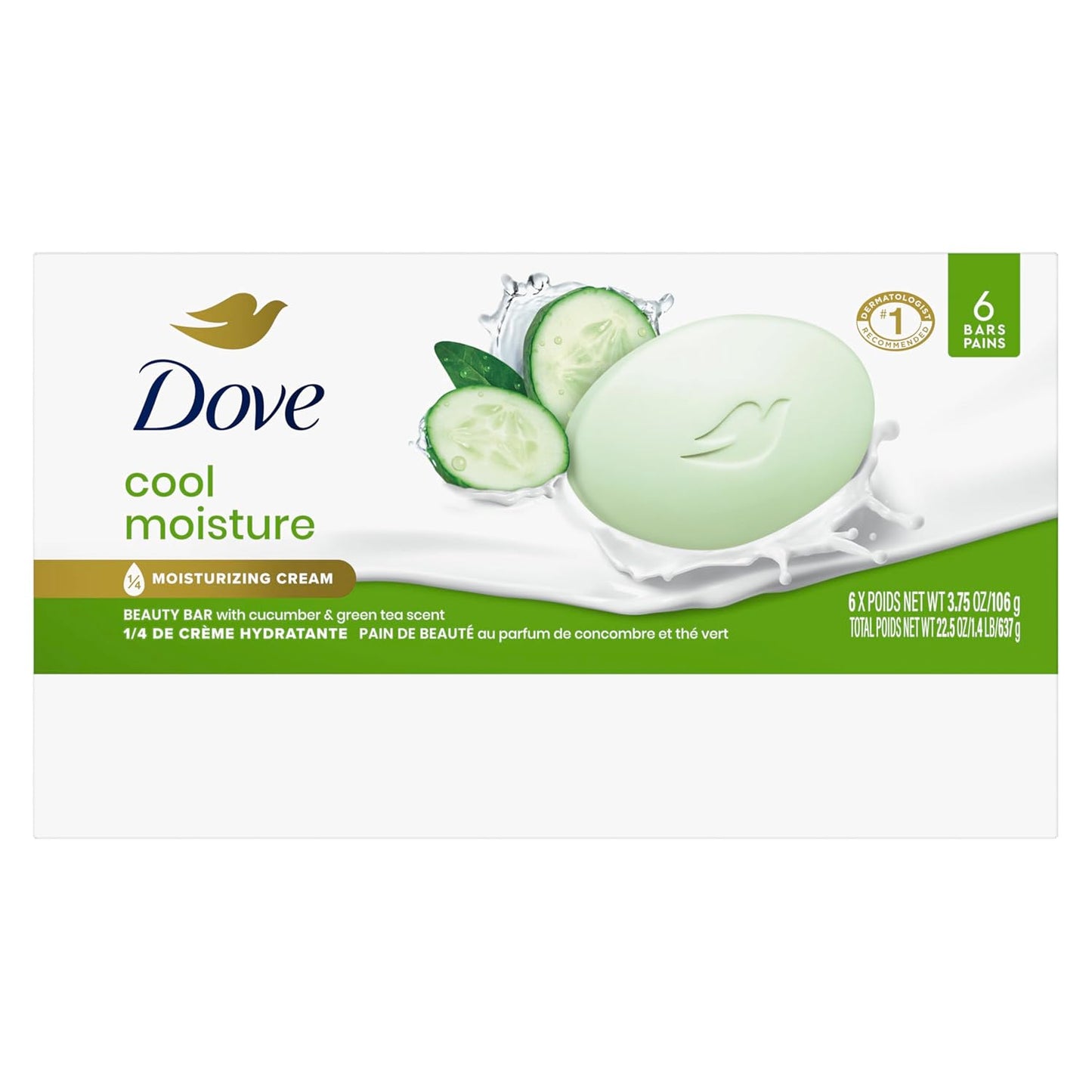 Dove Beauty Bar Soap Cool Moisture Cucumber & Green Tea Scent, 6 Bars for Refreshed Skin, Leaves Skin Refreshed 3.75 oz