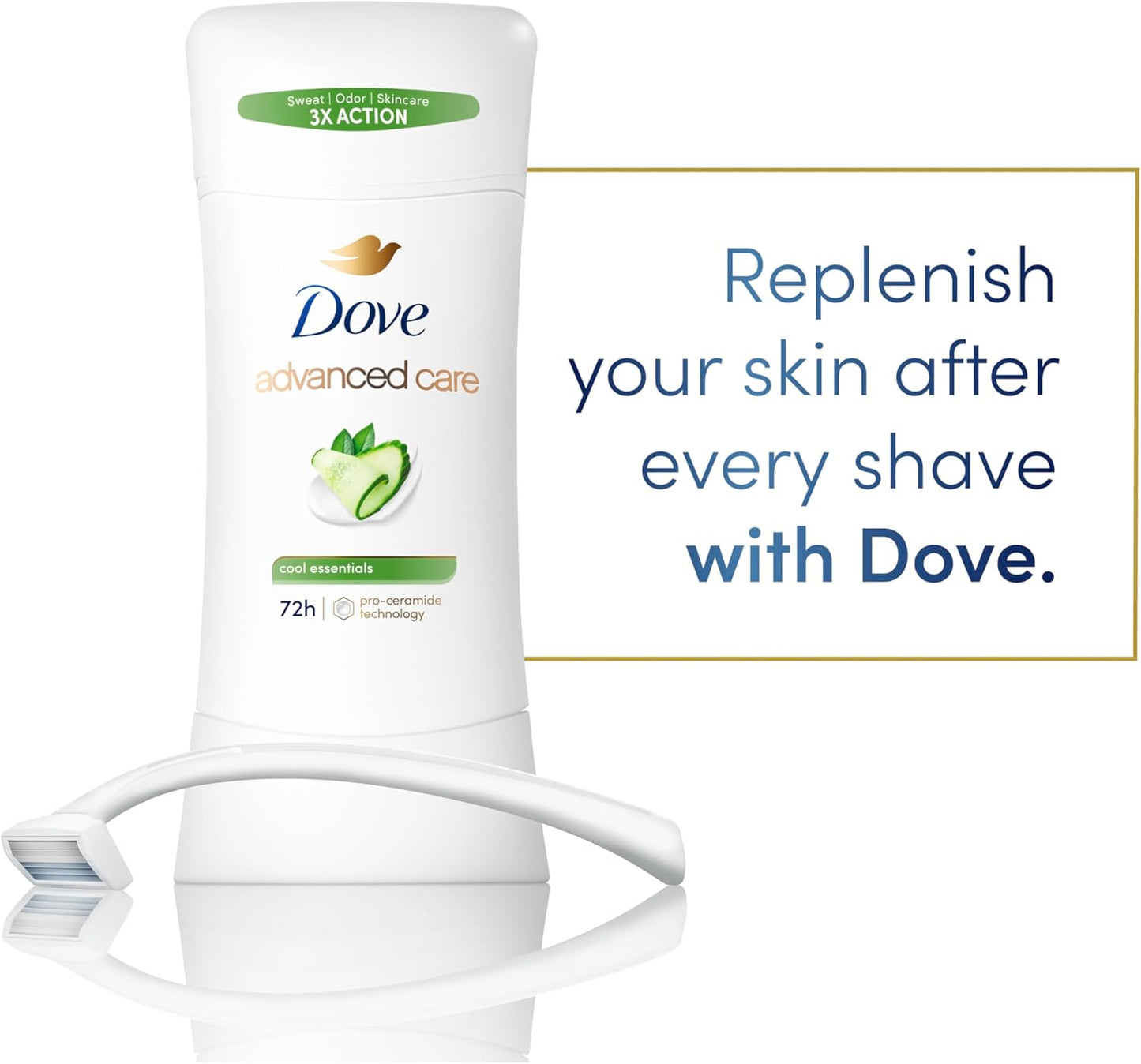 Dove Advanced Care Anti Deo Stick Cool Essentials Twin Pack for helping your skin barrier repair after shaving 72 h odor control and all-day sweat protection with Pro Ceramide Technology 2.6 oz