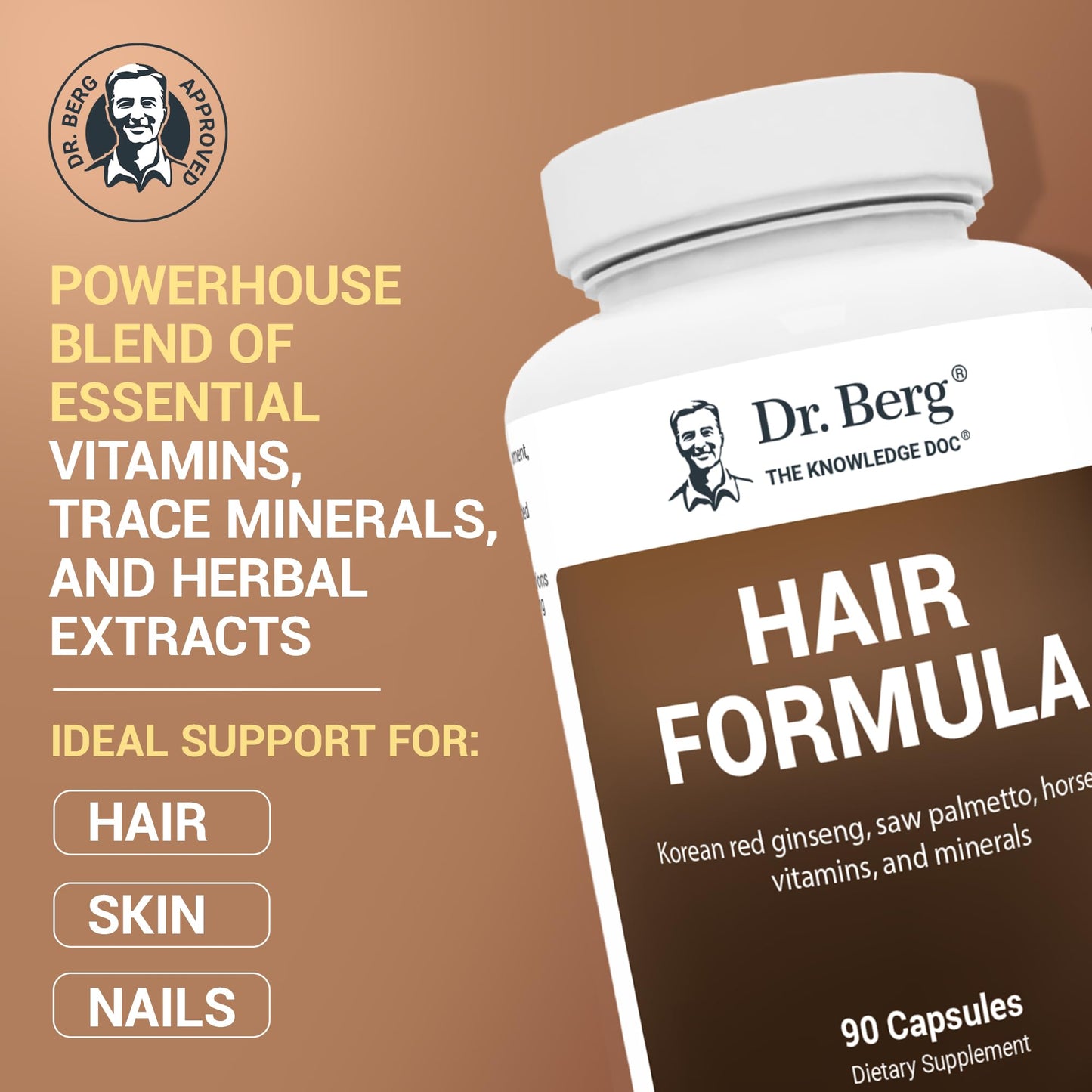 Vitaminas Todo en Uno Dr. Berg para Cabello, Piel y Uñas - Fórmula Avanzada con Biotina, Saw Palmetto, Bloqueador de DHT y Oligoelementos - 90 Cápsulas Vegetales